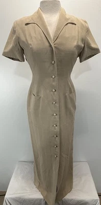 Dana Buchman Silk Maxi Shirt Dress Sz 4 Women’s Tan Button Front Lined Career - Image 1 of 4