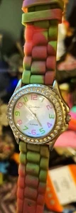 2 Vintage Geneva Watches Red/Multicolor Silicone Strap W/rhinestones - Picture 1 of 2