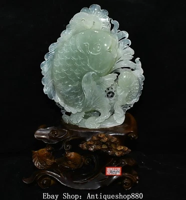 Estatua de peces Fengshui talla de jade natural chino Xiuyu de 14,1"" Foto 1 de 4