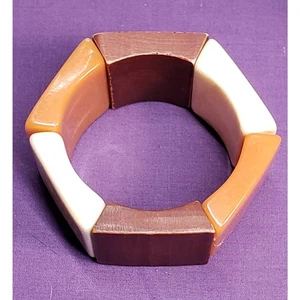Vintage Acrylic Chunky Wide Stretch Bracelet Marbled Cream, Dark Yellow, & Brown - Picture 1 of 9