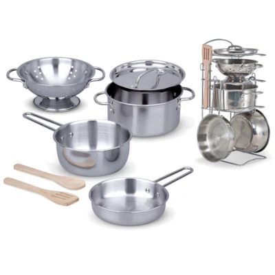 MELISSA & DOUG Kochset Kinder Topfset Geschirr Kinderküche Spielküche Töpfe Edelstahl + Ständer