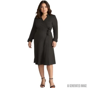 Abito Camicia Alogena Nera Finto Avvolgente 2X Maniche Lunghe Lavoro Ufficio Minimalista Nuovo! - Foto 1 di 6
