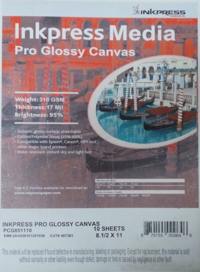 Inkpress Media Pro Glossy Canvas (8.5 x 11", 17 mil, 10 Sheets) - Image 1 of 4