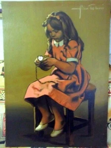 EDOARDO BERTOLINI OLIO SU TELA 50X70: BAMBINA IN ROSA CON OROLOGIO. - Foto 1 di 9