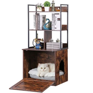 2-in-1 Wooden Cat Litter Box Enclosure with Storage Shelves for Living Room - Picture 1 of 24