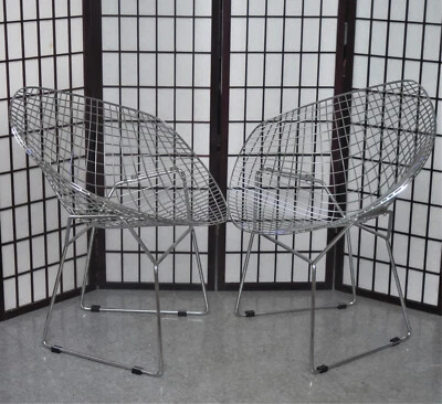ПАРА 2 ВИНТАЖНЫХ СТУЛЬЕВ HARRY BERTOIA ДЛЯ KNOLL ИЗ ХРОМИРОВАННОЙ АЛМАЗНОЙ ПРОВОЛОКИ 33 дюйма - Изображение 1 из 4