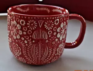 WORLD MARKET Red White Floral Embossed 3D Large Coffee or Soup Mug 20oz - Picture 1 of 9