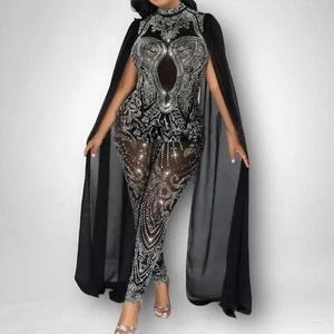 Rhinestone Jumpsuit Black Long Sleeve Glitter Crystal Costume Dance Sheer Sz 8 - Picture 1 of 5