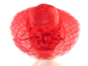 Red Church Derby Dress Hat Wide Brim Flower Hat Band Rose Feathers Society Lady - Picture 1 of 5
