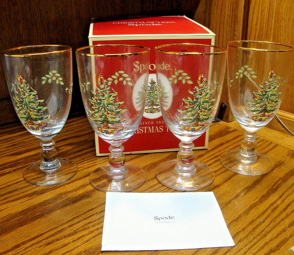 NEW! Spode Christmas Tree 16oz Wine Glasses w/Gold Rim~Pedestal Goblets~Gift 884 - Image 1 of 4