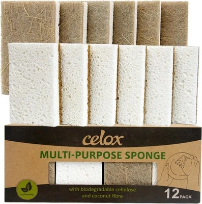 CELOX 12 Pack Coconut Fiber Biodegradable Sponges, Non Scratch Kitchen Cleani...