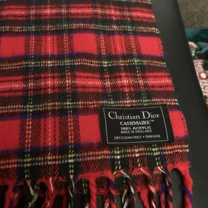 Christian Dior Vintage Cashluxe Fringed Red Plaid Long 100% Acrylic Scarf - Picture 1 of 4