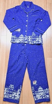 Nick & Nora Women L 2pc PJ Set Blue Christmas Village City Starry Night Flannel - Image 1 of 4