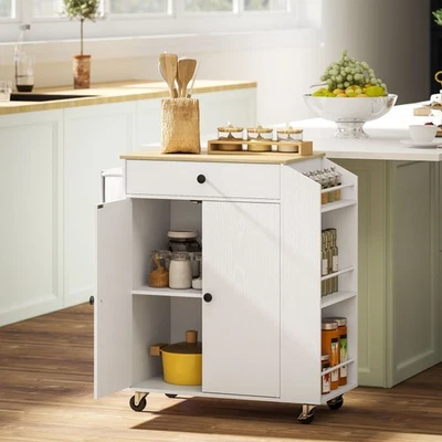 Rolling Kitchen Island, Storage Trolley with 3-Tier Spice Rack, White - Image 1 of 4