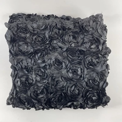 Black Satin Rosette Fabric Remnant 3D Roses ~ 26" x 54" - Image 1 of 4