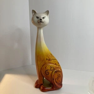 Estatuilla vintage alta cuello largo cerámica gato escultura crema naranja 15 x 5,5" - Imagen 1 de 11
