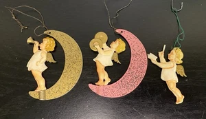 Set 3 Ornamenti Vintage Germania Occidentale Angelo Celluloide Mezzaluna Oro Rosa - Foto 1 di 2