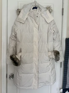 LL Bean Winter Cream Downtek Large Parka Coat Womens Hooded Faux Fur - Picture 1 of 16