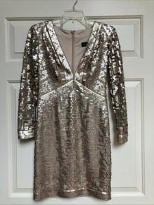 Tadashi Shoji Mitzi Dress Sz 2 Rose Gold Square Sequin Illusion Sleeve Cocktail - Picture 1 of 11