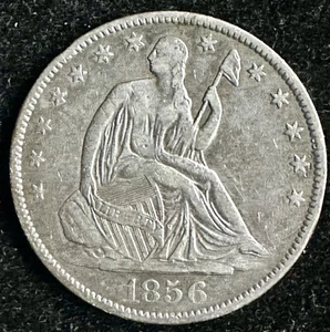 1856-O Seduto Liberty Mezzo Dollaro Stati Uniti 50c Moneta Argento - Foto 1 di 2
