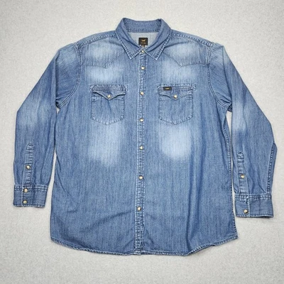 Vintage Lee Regular Fit Shirt XL Blue Denim Western Pearl Snap Country Rodeo - Image 1 of 4
