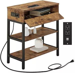3 Tier Nightstand Narrow Side Table Wood Sofa End Table w/Charging Station & USB - Picture 1 of 8