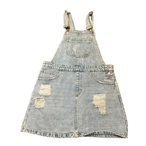 Forever 21 Los Angelas Light Blue Denim Overall Jumper Distressed Adj Strap Sz M - Picture 1 of 5