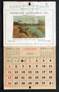1947 Vintage THOMPSON HARDWARE Advertising Fishing Calendar / KEY WEST FLORIDA - Picture 1 of 2