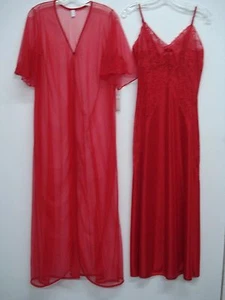 USA Made Nancy King Lingerie Long Peignoir Set Gown & Robe Size Small Red #435N - Picture 1 of 3