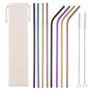 8x Stainless Steel Reusable Extra Long Metal Drinking Straw, 2 Brush & Eco Pouch - Picture 1 of 34