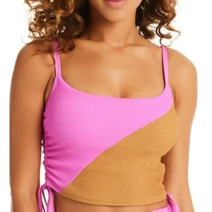 Sanctuary Pink Brown Balancing Act Shirred-Side Cropped Ribbed Tankini Top S - Picture 1 of 7
