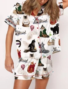 Cat Edition Pajamas Set For Women, Satin Short Sleeves Pajamas - Picture 1 of 4
