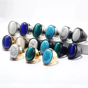 Trendy Multi-color Oval Gemstone Men's Stainless Steel Rings Size 7-13 - Picture 1 of 36