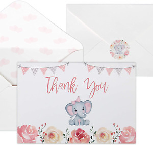 Baby Shower Thank You Cards for Girls 50 Pink Watercolor Elephant Baby Girl