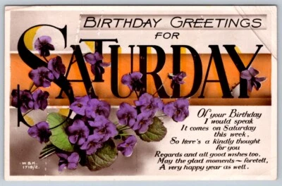 Birthday Greetings For Saturday, Poem, Violets, Vintage 1935 Real Photo Postcard - Image 1 of 2