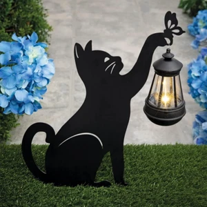 - Solar Garden Cat Lantern - Metal Garden Stake with Solar Powered Light - 13" X - Picture 1 of 12