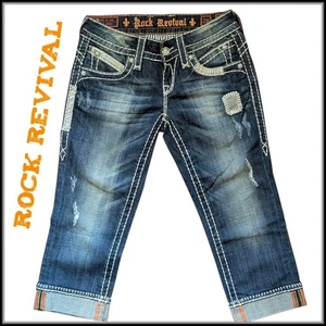 ROCK REVIVAL Amy Capri Jeans Roll Up Cuffs Dark Blue Wash Patchwork Women's 26 - Picture 1 of 8