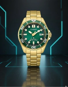 Citizen Herren goldfarbene Promaster Eco Drive grünes Zifferblatt Taucheruhr BN0262-59W - Bild 1 von 4