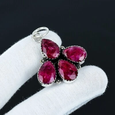 Kashmir Rubino Creato IN Laboratorio Gemma 925 Pendente Argento Sterling Per - Immagine 1 di 4