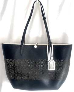 Lauren Ralph Lauren wendbare schwarz-weiße Beuteltasche Tasche durchbrochenes Detail Taschenanhänger - Bild 1 von 14
