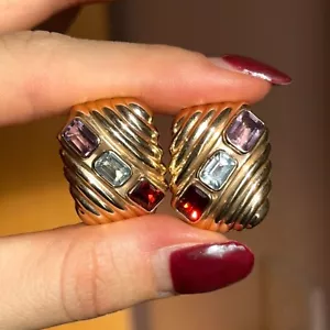 Estate 14KT Yellow Gold Emerald-Cut Gemstone Rectangle Ribbed Omega Earrings - Picture 1 of 8