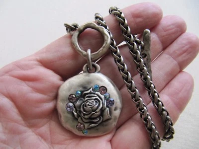 Collar Colgante Vintage DANON Rosa Tono Peltre Rústico Boho Cristal Palanca 16" Foto 1 de 4