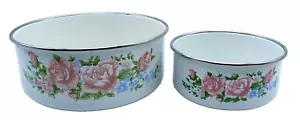 Vintage Metal Enamelware Nesting Mixing Bowls Rose Design (Set of 2) - Picture 1 of 4