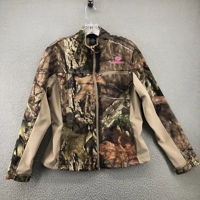 Jaqueta feminina Mossy Oak pequena marrom camuflagem rosa logotipo zíper completo bolsos forrados de lã - Imagem 1 de 4