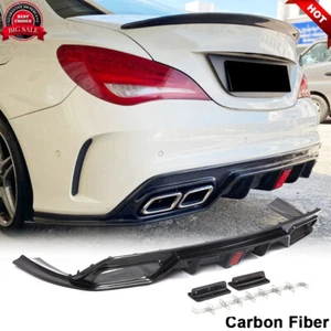 REAL CARBON Rear Bumper Diffuser Lip W/LED For Benz W117 CLA200 CLA45 16-19 - Foto 1 di 12