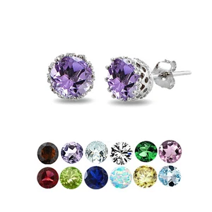 Sterling Silver Gemstone Birthstone Crown Stud Earrings - Picture 1 of 14