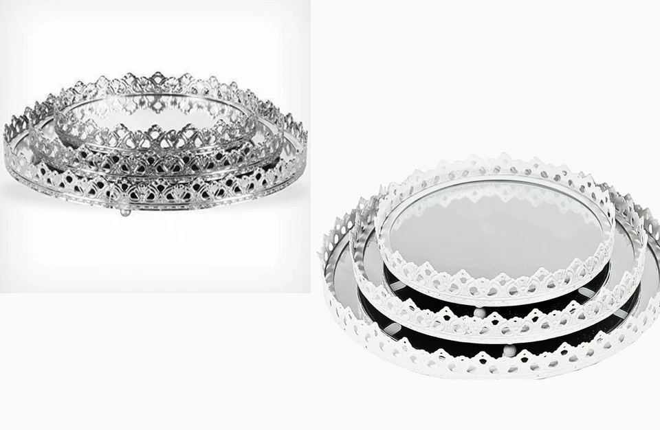 3 Set di Vassoi Decorativi in Metallo Con Specchio Per Tavola Argento/Bianco - Immagine 1 di 1