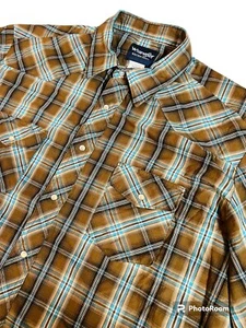 Wrangler Herren 2XL XXL Kurzarm Western Karo Hemd Perlen Druckknöpfe Braun - Bild 1 von 9