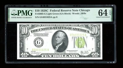 DBR scarce 1928-C $10 LGS FRN Chicago Fr. 2003-Glgs PMG 64 EPQ Serial G54031025A - Image 1 of 2