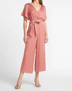 NWT EXPRESS Satin Flutter Sleeve Culotte Jumpsuit Deep Rose Sz XS - Picture 1 of 5